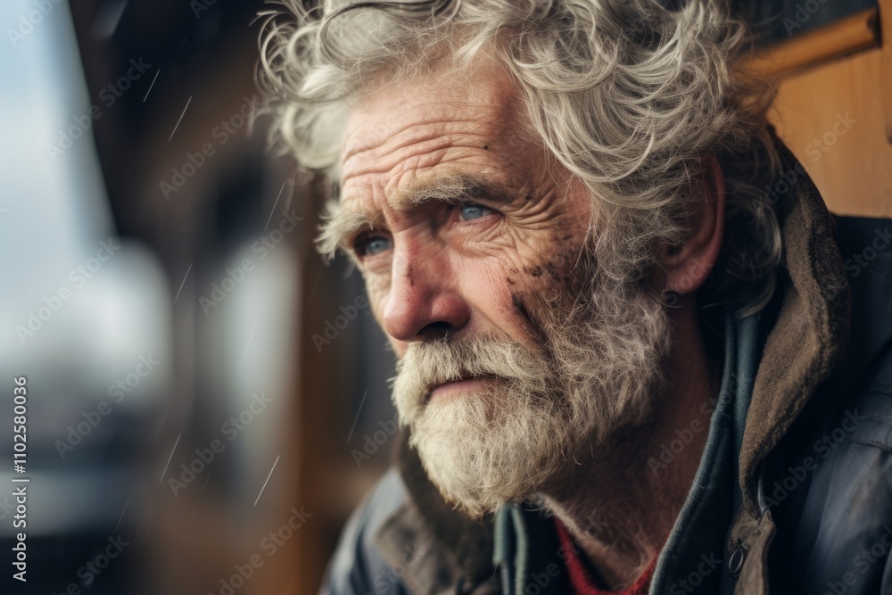 Portrait of an old man with a gray beard in the rain Portrait of an old man with a gray beard in the rain