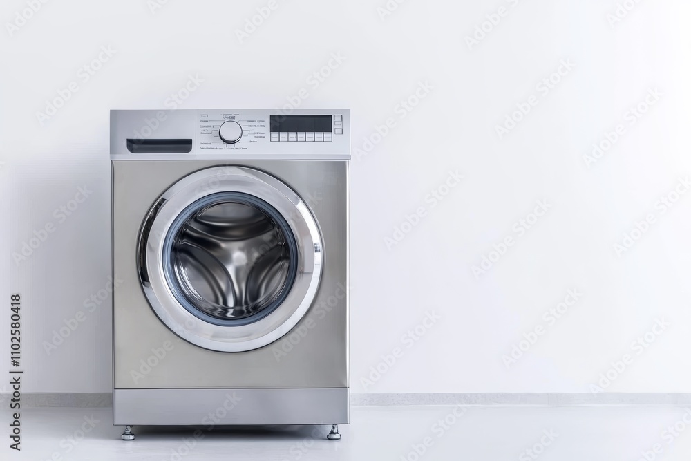 A silver washing machine with a white wall behind it A silver washing machine with a white wall behind it