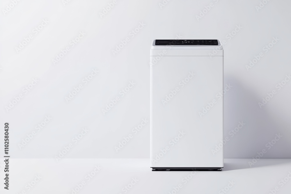 A white washing machine is standing in front of a white wall A white washing machine is standing in front of a white wall