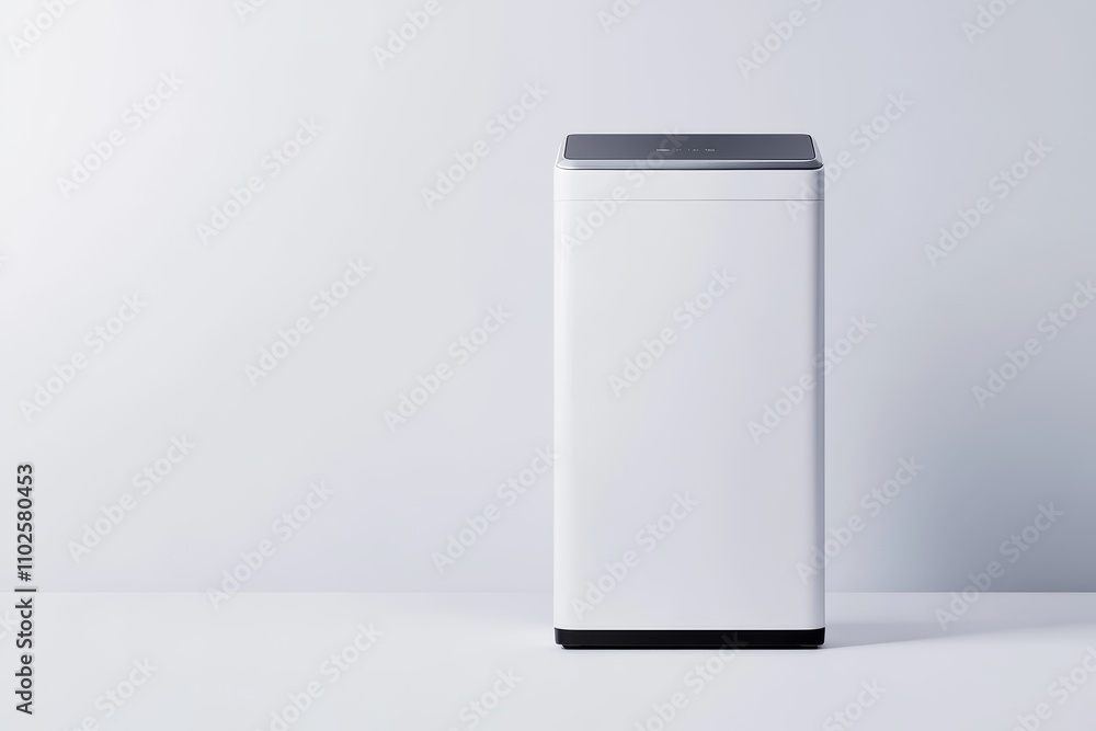 A white box with a black handle sits on a white surface A white box with a black handle sits on a white surface