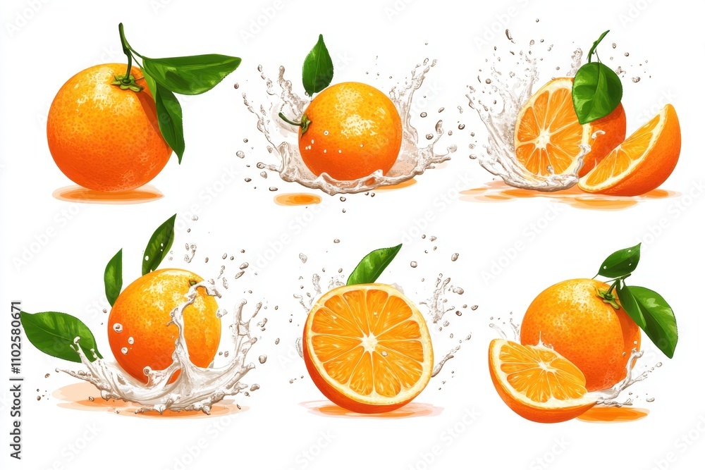 Set of fresh delicious oranges splashing, cut out Set of fresh delicious oranges splashing, cut out