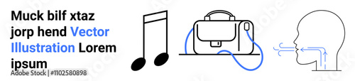 Musical note, briefcase with blue accents, and human head diagram with blue lines emitting from the nose. Ideal for education, health, business, music, technology, marketing, and presentations