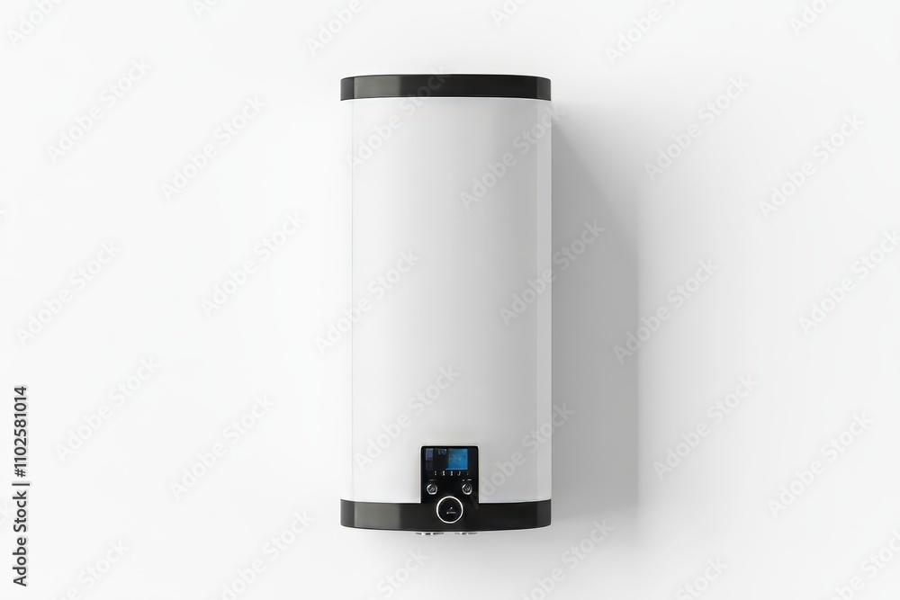 A white and black tank top with a blue screen, boiler or water heater A white and black tank top with a blue screen, boiler or water heater