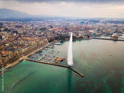 Aerial view of the fountain on the Lake Leman. Geneva. Switzerland