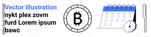 Bitcoin coin, calendar with clock, pen. Ideal for financial planning, business organization, cryptocurrency management, scheduling, investment tracking, time management, landing page