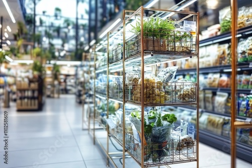 Bright and vibrant grocery aisle filled with fresh produce and packaged goods in a modern store by Generative AI. photo