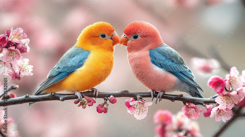 Fototapeta premium Colorful birds share a tender moment among blooming cherry blossoms in the spring sunshine. Generative AI