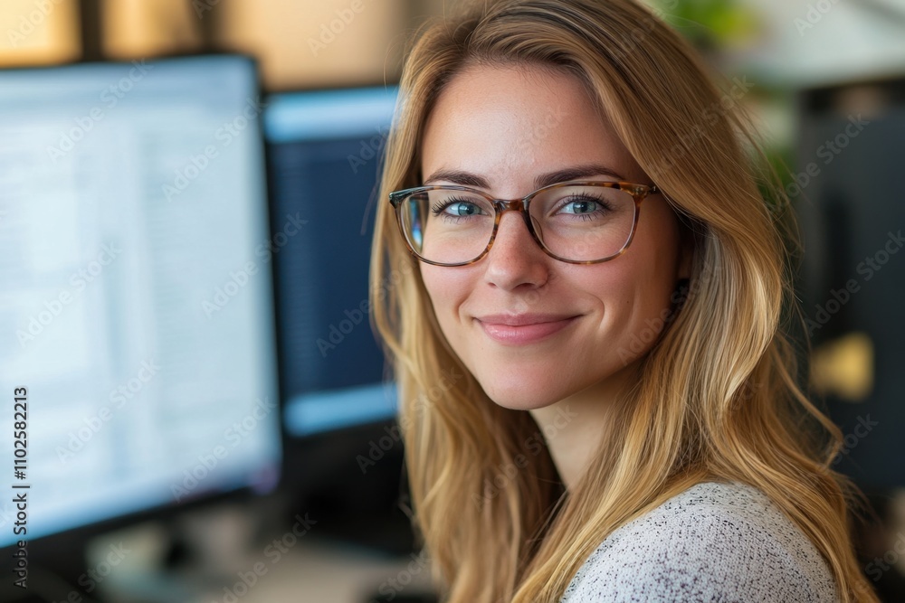 Smiling professional woman with glasses in front of computer monitors in a modern office setting. Smiling professional woman with glasses in front of computer monitors in a modern office setting.
