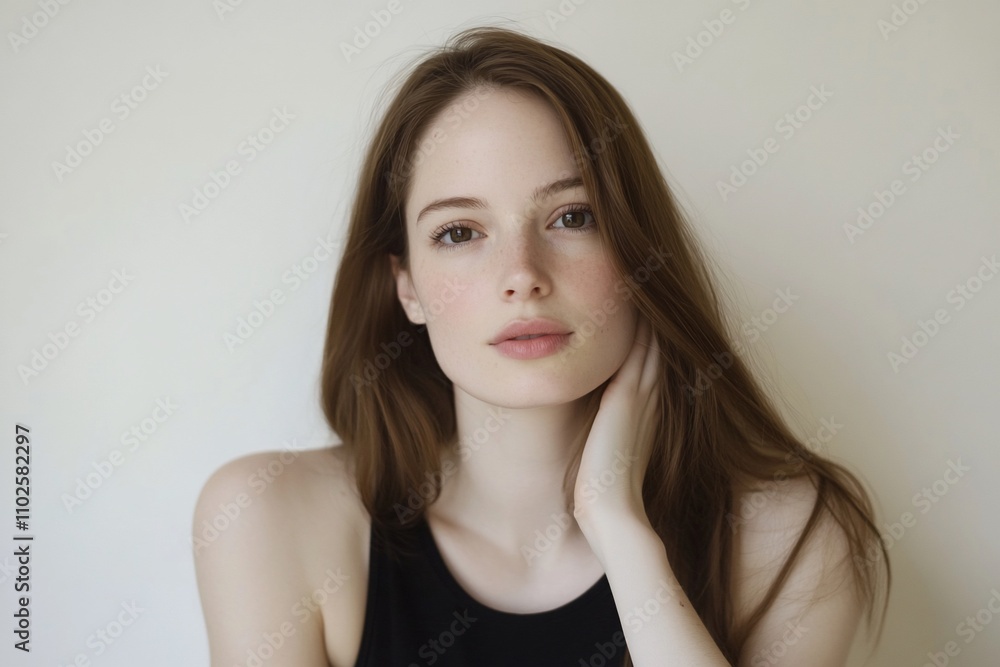 A portrait of a young woman with long hair and a neutral expression. A portrait of a young woman with long hair and a neutral expression.