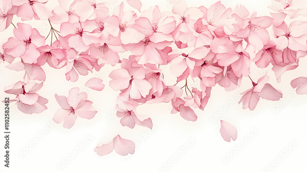 Fototapeta premium Sakura petals in ink, delicate pink petals cascading gracefully against a pristine white backdrop, evoking tranquility and the ephemeral beauty of spring. Ephemeral. Illustration