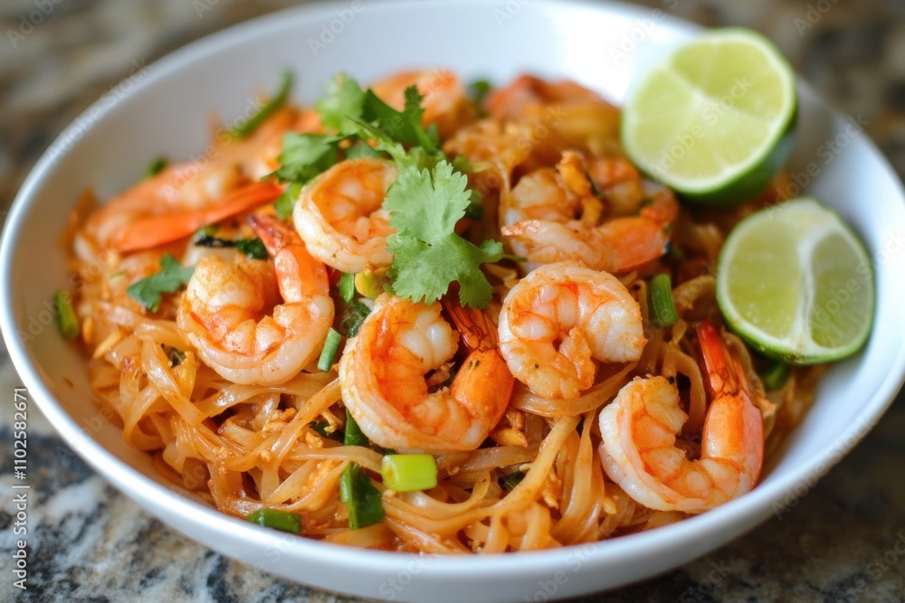 Spicy Pad Thai with Shrimp, Garnished with Lime and Herbs Spicy Pad Thai with Shrimp, Garnished with Lime and Herbs
