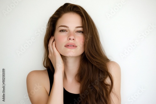 A portrait of a young woman with long hair against a plain background.