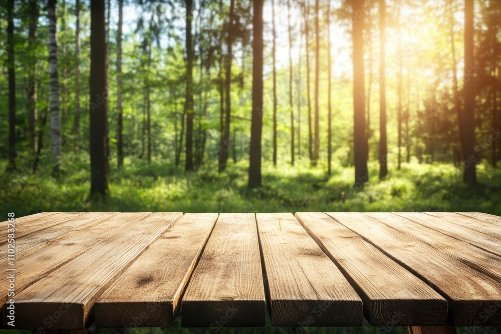 Sunny forest backdrop with wooden table, ideal for product display Sunny forest backdrop with wooden table, ideal for product display
