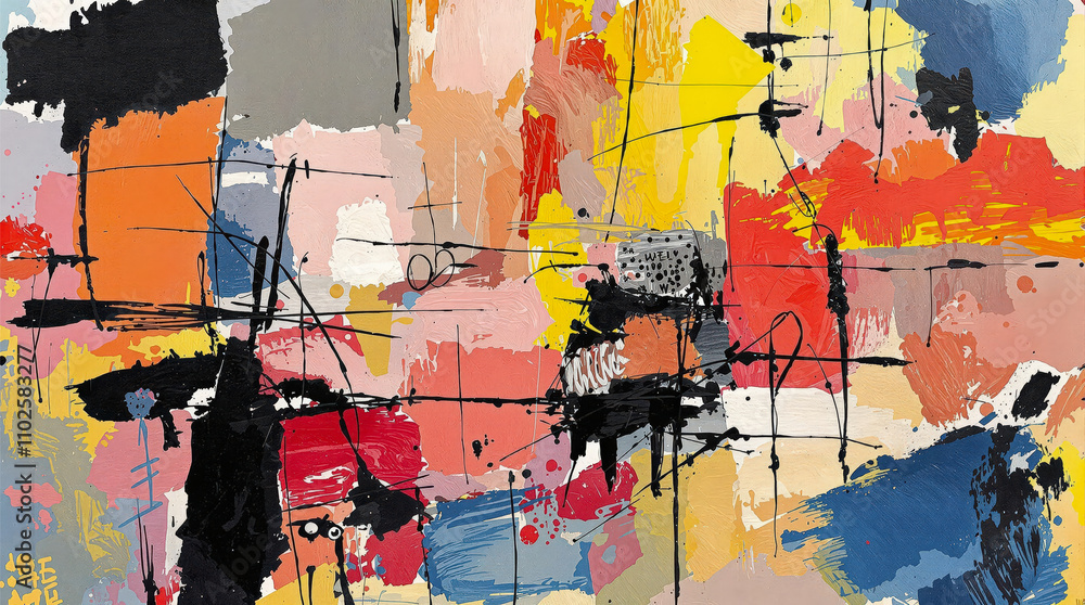 Naklejka premium Vibrant Abstract Painting with Bold Brushstrokes and Dynamic Colors