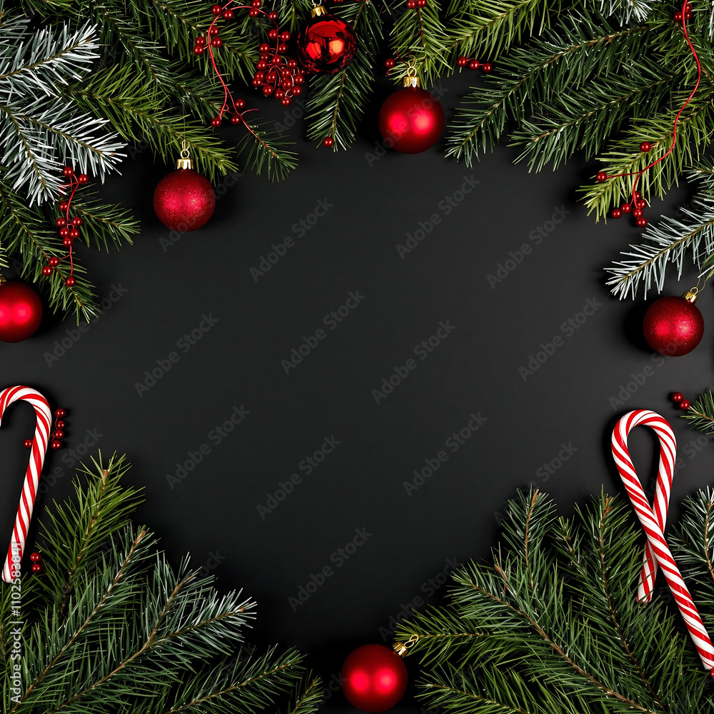 Christmas wreath with fir branches, red ornaments, and candy canes on a black background. Perfect for holiday cards, invitations, or festive designs. Christmas wreath with fir branches, red ornaments, and candy canes on a black background. Perfect for holiday cards, invitations, or festive designs.