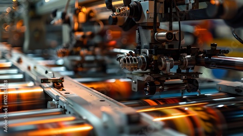 A close-up view of a printing machine in operation, showcasing intricate components and processes involved in printing.