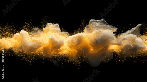 A cascade of golden particles, like a miniature explosion of celestial dust, erupts against a stark black backdrop, leaving trails of ephemeral brilliance in its wake. Ephemeral. Illustration photo