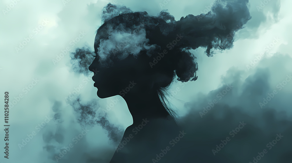A surreal silhouette of a woman blending into smoky clouds, symbolizing the dissolution of thoughts, introspection, and the ephemeral nature of imagination. Ephemeral. Illustration A surreal silhouette of a woman blending into smoky clouds, symbolizing the dissolution of thoughts, introspection, and the ephemeral nature of imagination. Ephemeral. Illustration