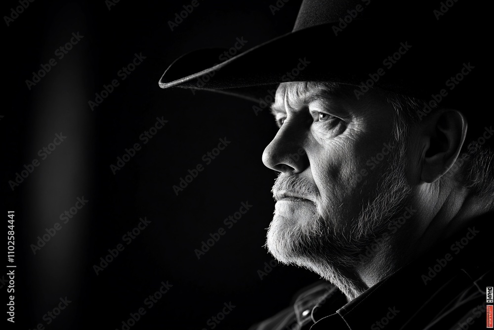 A monochrome portrait of a man in a cowboy hat, showcasing a thoughtful expression. A monochrome portrait of a man in a cowboy hat, showcasing a thoughtful expression.