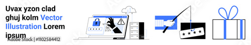 Laptop with padlock and warning signs, hand fishing for email, gift box. Ideal for cybersecurity, privacy protection, data security, phishing awareness, online training, trust-building incentives