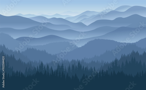 Vector mountains evening landscape with fog