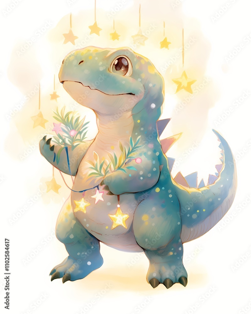 Obraz premium Funny cartoon dinosaur decorated colorful lights against Christmas tree. Festive winter holiday concept for Christmas, New Year banner, poster, greeting card with copy space