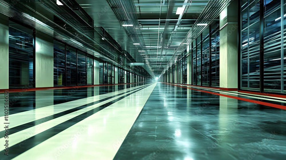 Futuristic Data Center Interior with Endless Server Racks and Reflective Floor in High-Tech Environment Futuristic Data Center Interior with Endless Server Racks and Reflective Floor in High-Tech Environment