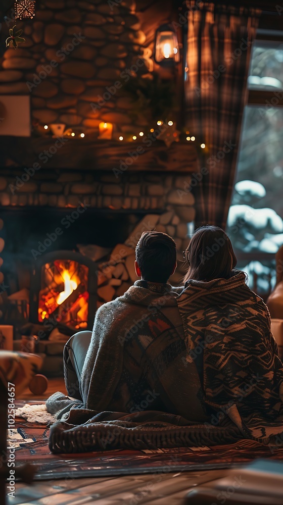 Obraz premium Cozy Couple by the Fireplace in a Rustic Cabin