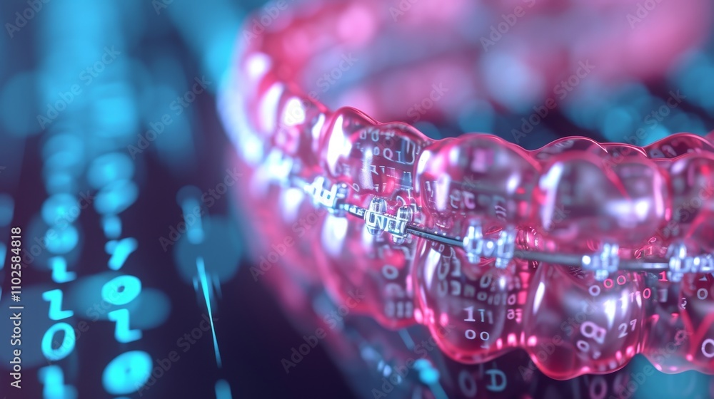 A close-up view of translucent dental braces intertwined with digital code elements, blending technology with medical innovation in a high-tech, futuristic visualization. AI generated. A close-up view of translucent dental braces intertwined with digital code elements, blending technology with medical innovation in a high-tech, futuristic visualization. AI generated.