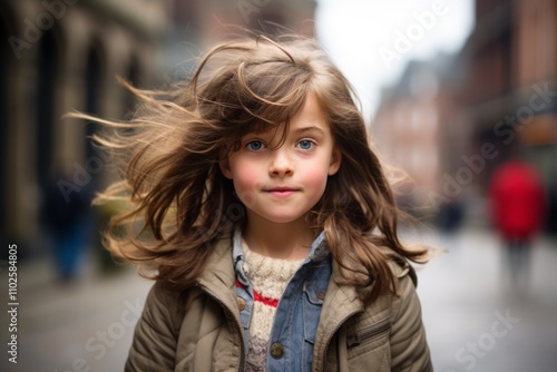 Portrait of a beautiful little girl with flying hair in the city