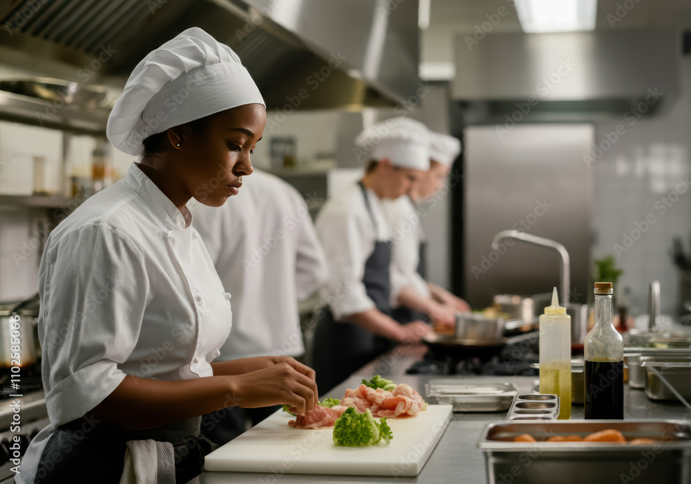 Culinary Artistry: A focused female chef meticulously prepares ingredients in a professional kitchen setting, showcasing culinary precision and dedication. Culinary Artistry: A focused female chef meticulously prepares ingredients in a professional kitchen setting, showcasing culinary precision and dedication.