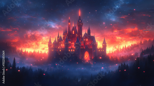 Enchanted castle illuminated by a fiery sunset in a mystical forest setting with vibrant colors and ethereal atmosphere. Generative AI