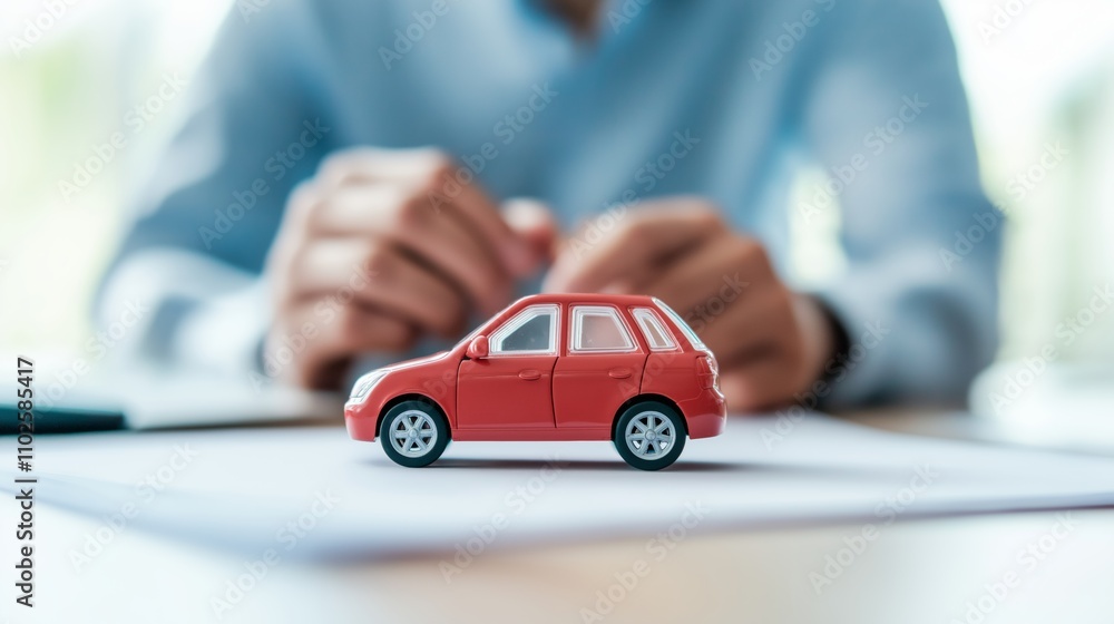 custom made wallpaper toronto digitalMiniature red car on a table as a person plans a project or engages in creative work.