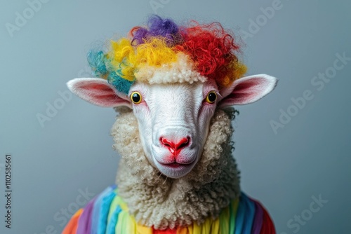 Colorful sheep with a rainbow wig and vibrant rainbow coat, standing against a soft gray background. Playful animal portrait showcasing fun personality. photo