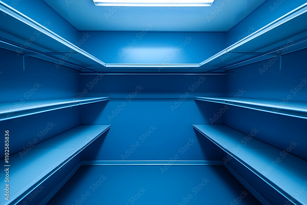 Empty Blue Closet Interior, Shelves await organization in a minimalist blue room, offering versatile storage space. Empty Blue Closet Interior, Shelves await organization in a minimalist blue room, offering versatile storage space.