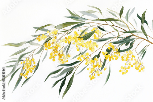 Yellow Australian Wattle Native Flowers Illustration Against White Background on a White or Clear Surface PNG Transparent Background