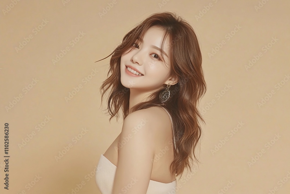 A smiling woman with wavy hair poses against a soft background. A smiling woman with wavy hair poses against a soft background.