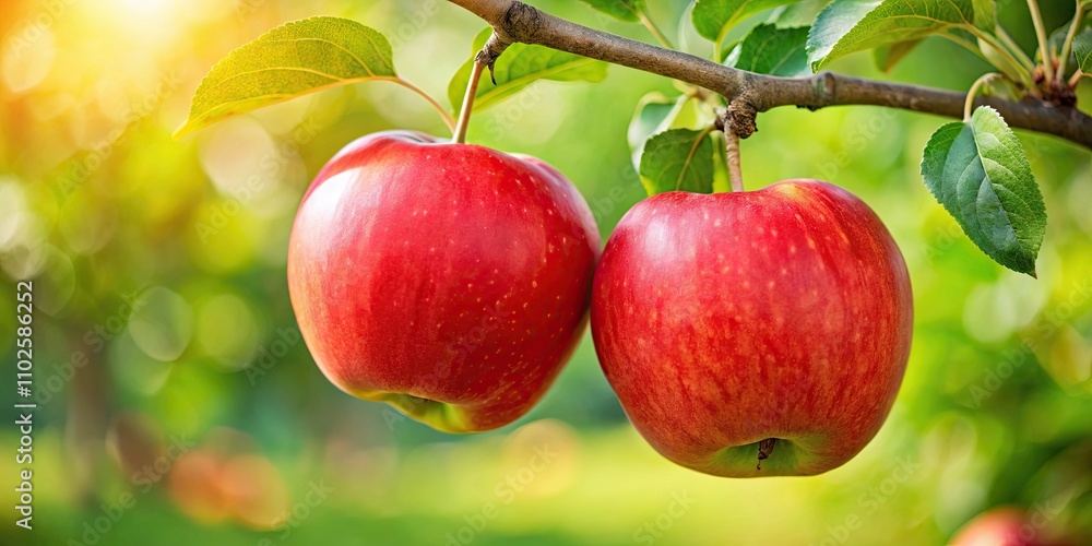 Two ripe red organic apples hanging from a tree branch , Apples, red, fruit, organic, fresh, healthy, tree, natural, foliage Two ripe red organic apples hanging from a tree branch , Apples, red, fruit, organic, fresh, healthy, tree, natural, foliage