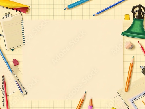 Back to School Stationery and Supplies Flat Lay with Copy Space photo