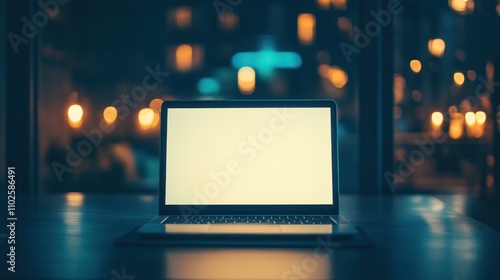 A laptop sits on a desk, illuminated in a dimly lit room with a blurred background.