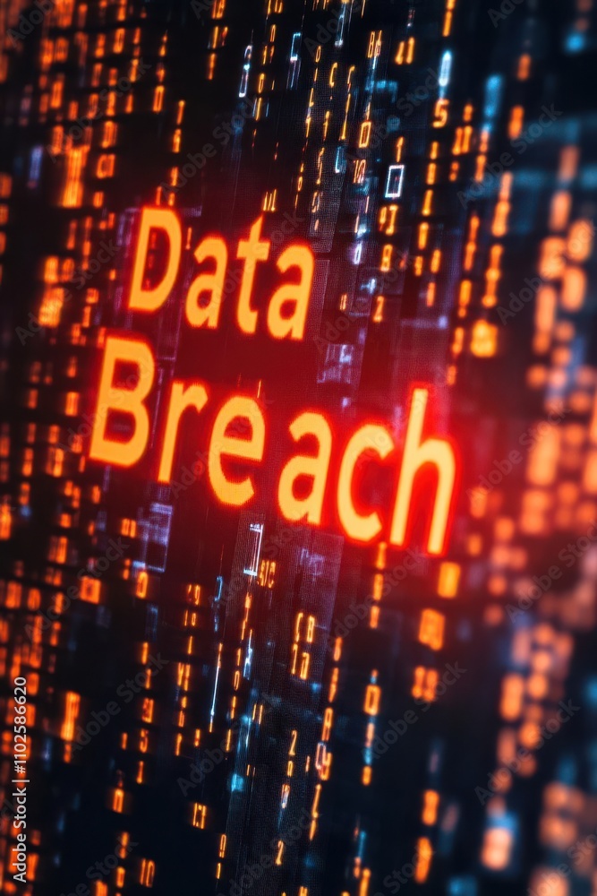 A digital representation highlighting the concept of data breaches with glowing text and binary code. A digital representation highlighting the concept of data breaches with glowing text and binary code.