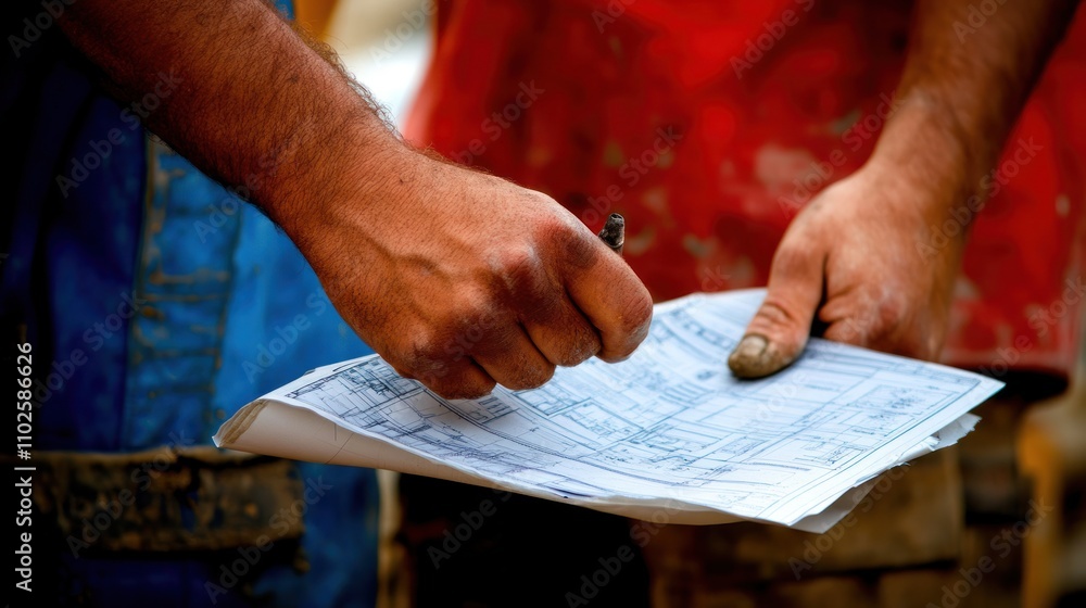 A worker reviews construction plans while holding a pen and blueprints. A worker reviews construction plans while holding a pen and blueprints.