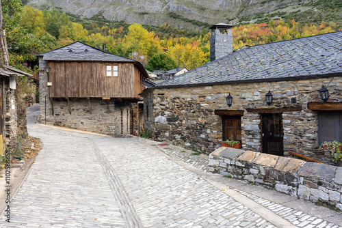 Old town of village of Peñalba de Santiago with typical architecture in the Silence Valley in Leon province, Spain.