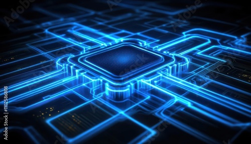 A futuristic representation of a microchip with glowing circuits, symbolizing technology and innovation.