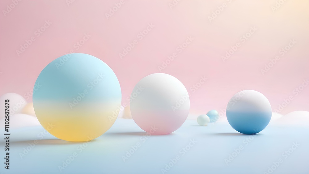 Abstract pastel spheres in soft yellow, blue, and pink hues, floating against a gradient background of pink and white, creating a serene and modern aesthetic. Abstract pastel spheres in soft yellow, blue, and pink hues, floating against a gradient background of pink and white, creating a serene and modern aesthetic.