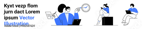 Team engaging in collaborative activities with digital tools, including a person managing tasks on a clock, an individual reading on a device, and another seated with a laptop. Ideal for teamwork