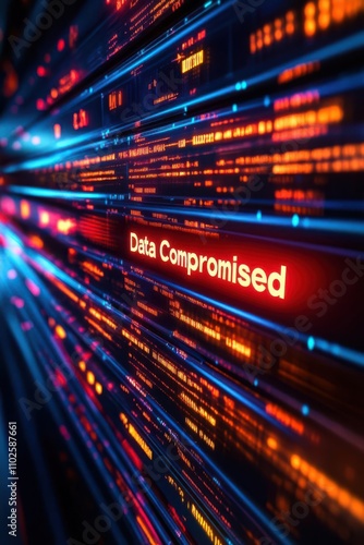 A digital visualization of data breach with glowing lines and the phrase 