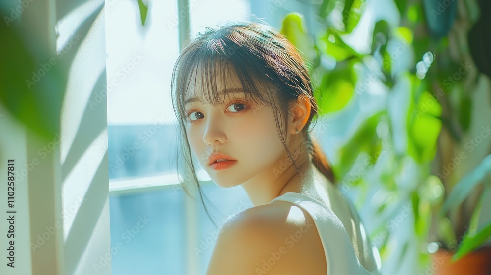 Young Woman Looking Through a Window Young Woman Looking Through a Window