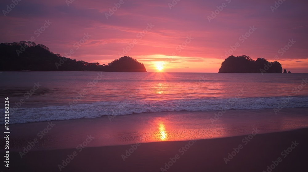 A serene sunset over a tranquil beach with silhouettes of islands in the distance. A serene sunset over a tranquil beach with silhouettes of islands in the distance.