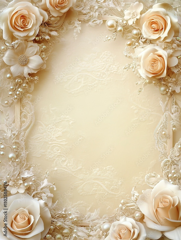 Elegant Floral Frame with Pearls and Lace Romantic Wedding or Anniversary Background Elegant Floral Frame with Pearls and Lace Romantic Wedding or Anniversary Background